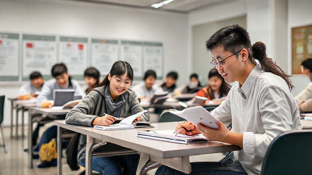 学生在高职高考补课机构内认真学习，老师在旁指导